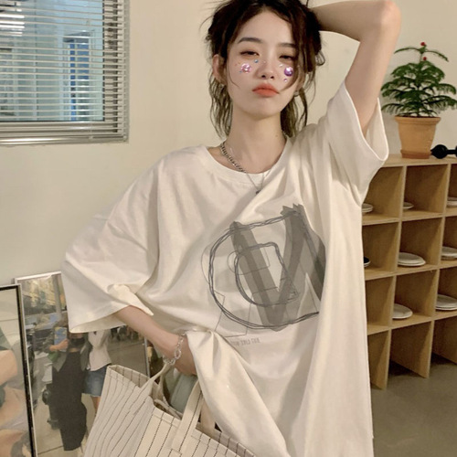 Women's Summer Large Print Short Sleeve T-Shirt Loose Korean Style Versatile Pure Cotton Half-Sleeve Tee Couple's Top