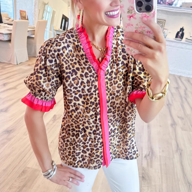 Aliexpress 2025 European and American Independent Station Cross-Border Women's Casual Fashion Leopard Print Contrasting Lace Short-Sleeved Shirt