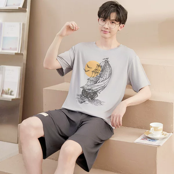 Men's Pajamas Summer Ice Silk Thin Modal Loose Large Size Short-Sleeved Shorts Men's Outer Wear Home Clothes Set