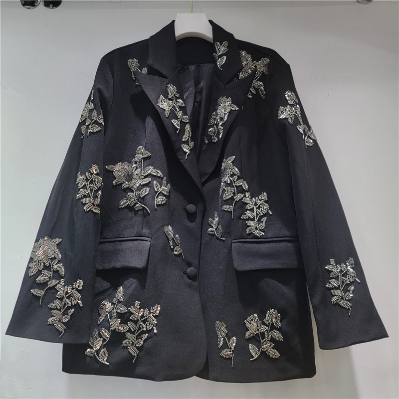 European-Style Black Sequined Blazer for Women, 2026 New Fashion Stylish Casual Mid-Length Jacket European-Style Black Sequined Blazer for Women, 2026 New Fashion Stylish Casual Mid-Length Jacket