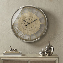 亚马逊美式复古创意静音挂钟客厅家用时钟卧室钟表木纹挂表铁钟饰