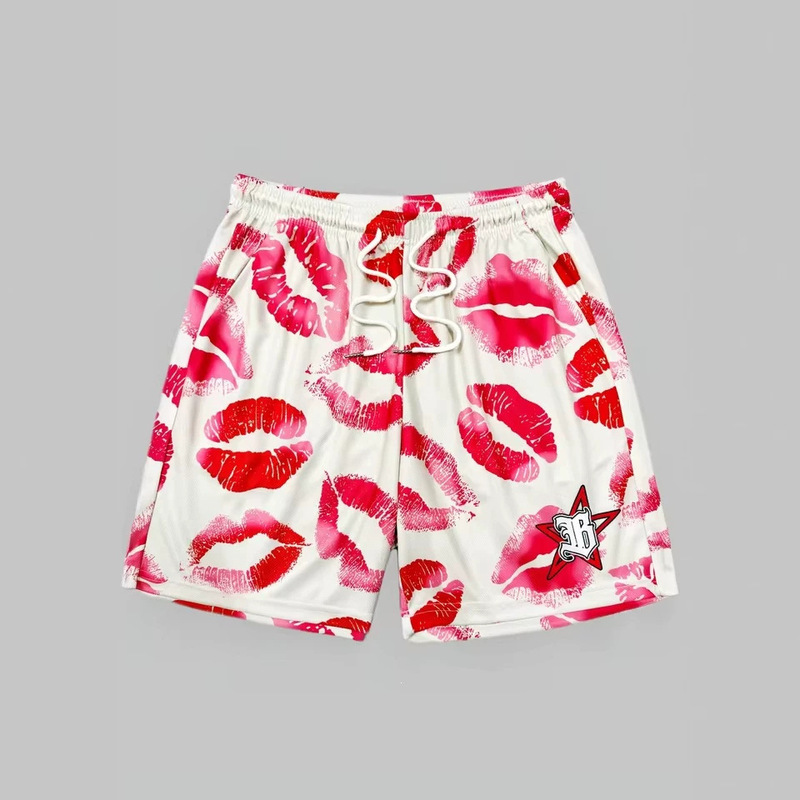 American romantic red lip print quick-dry sports basketball shorts, casual fitness shorts American romantic red lip print quick-dry sports basketball shorts, casual fitness shorts
