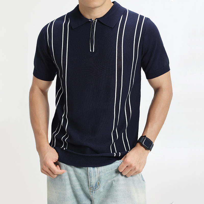 Polo camiseta camiseta de punto camiseta de manga corta camiseta de hombre solapa media cremallera rayas viejas líneas de viento de hielo de verano fábrica transfronteriza al por mayor
