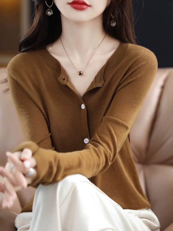 【厂家直供】秋季新款圆领针织开衫外套女纯色薄款宽松外搭毛衣|undefined
