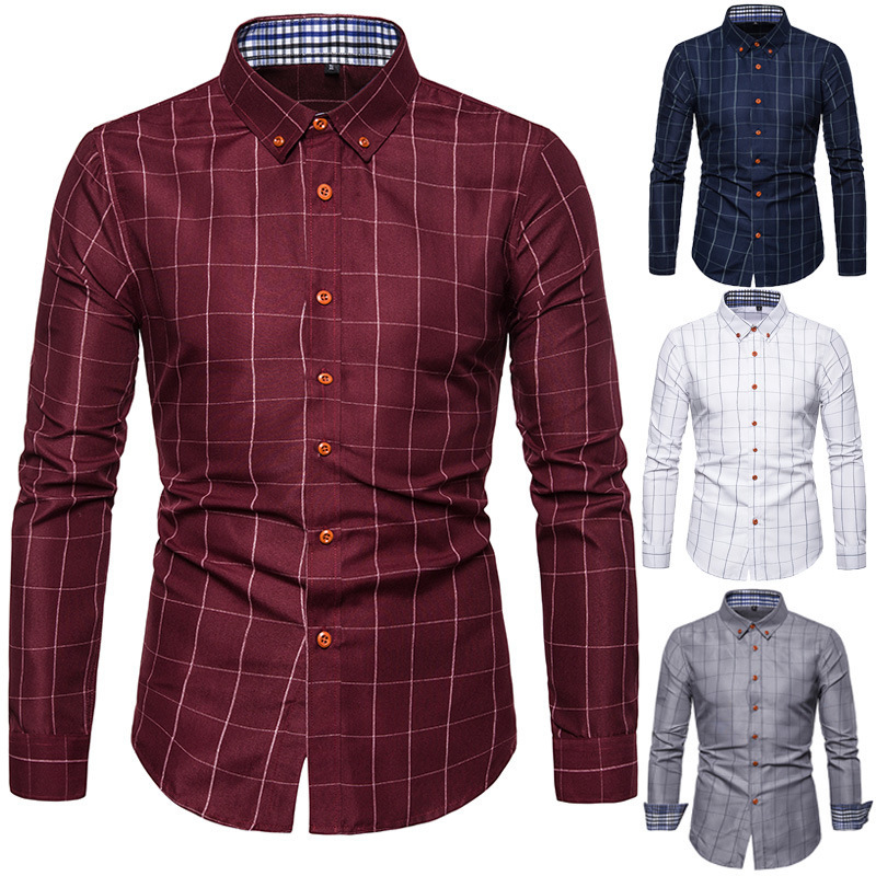 New checkered youth long sleeved square neck shirt, loose fitting version, men's clothing_voghion.com