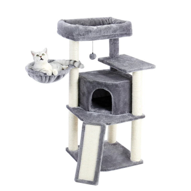 Multi‑level cat tree, plush cozy condo with scratching posts and hanging toys, multiple color codes