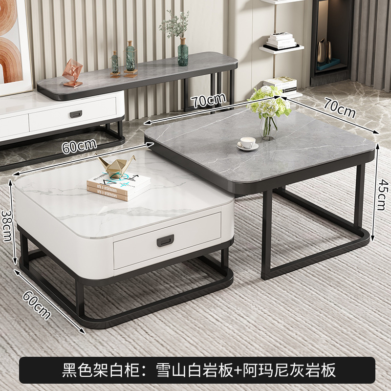 Mesa de té personalizada moderna simple sala de estar pequeña mesa de té casera cuadrada de vidrio templado tablero de roca de lujo ligero