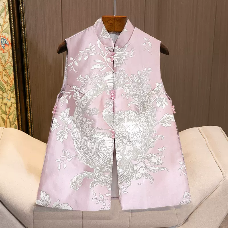 中国风马甲女装2025年新款秋冬季年轻款提花刺绣粉色无袖背心旗袍