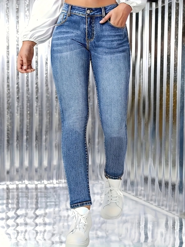 女士牛仔裤时尚百搭弹力小脚裤简约修身显瘦蓝色牛仔长裤JEANS|undefined