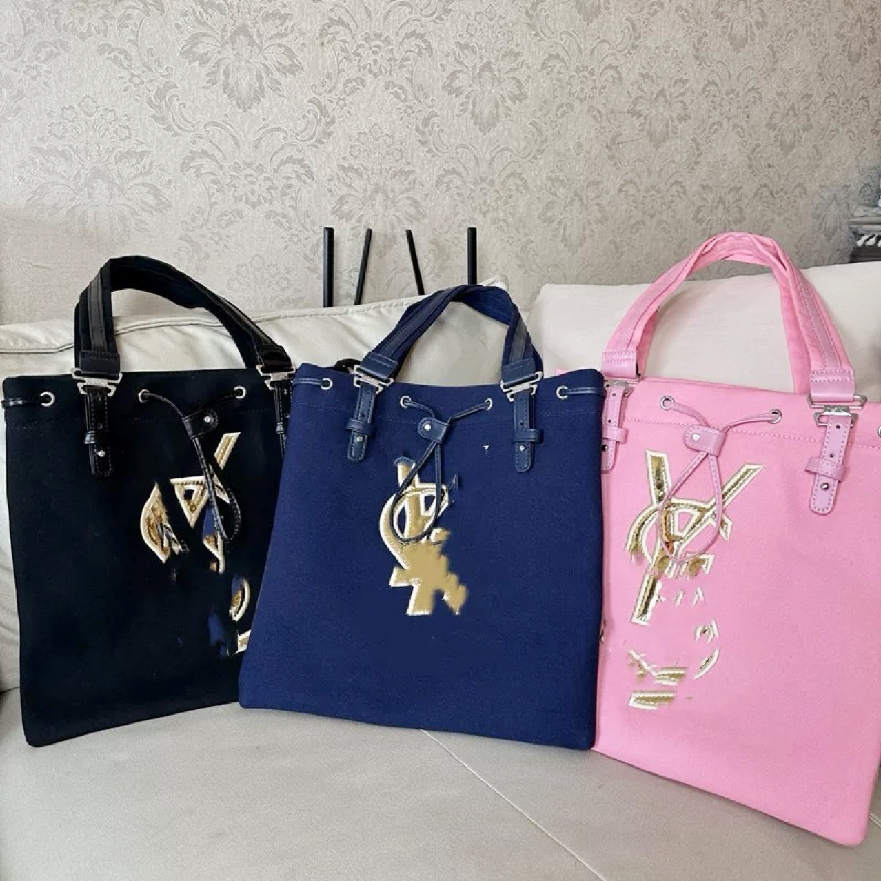 【源头货源】中古YS刺绣帆布拼皮抽绳托特包手提购物袋单肩腋下包