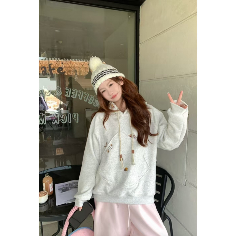 韩版卡通刺绣连帽卫衣女春秋冬加绒加厚宽松慵懒风高级感灰色外套|undefined