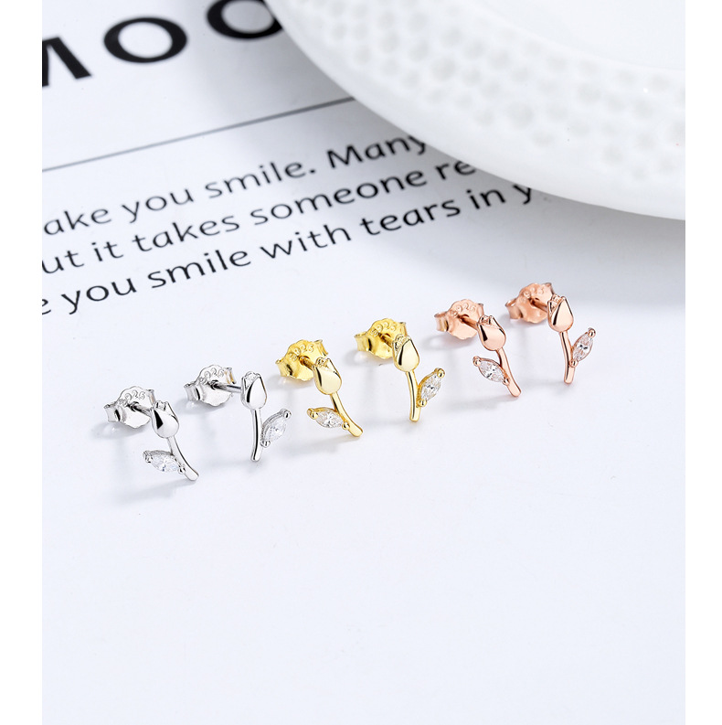6g Weight 925 Sterling Silver Ear Needle Material 1 Pair 925 Sterling Silver Rhinestones Flower Tulip Ear Studs