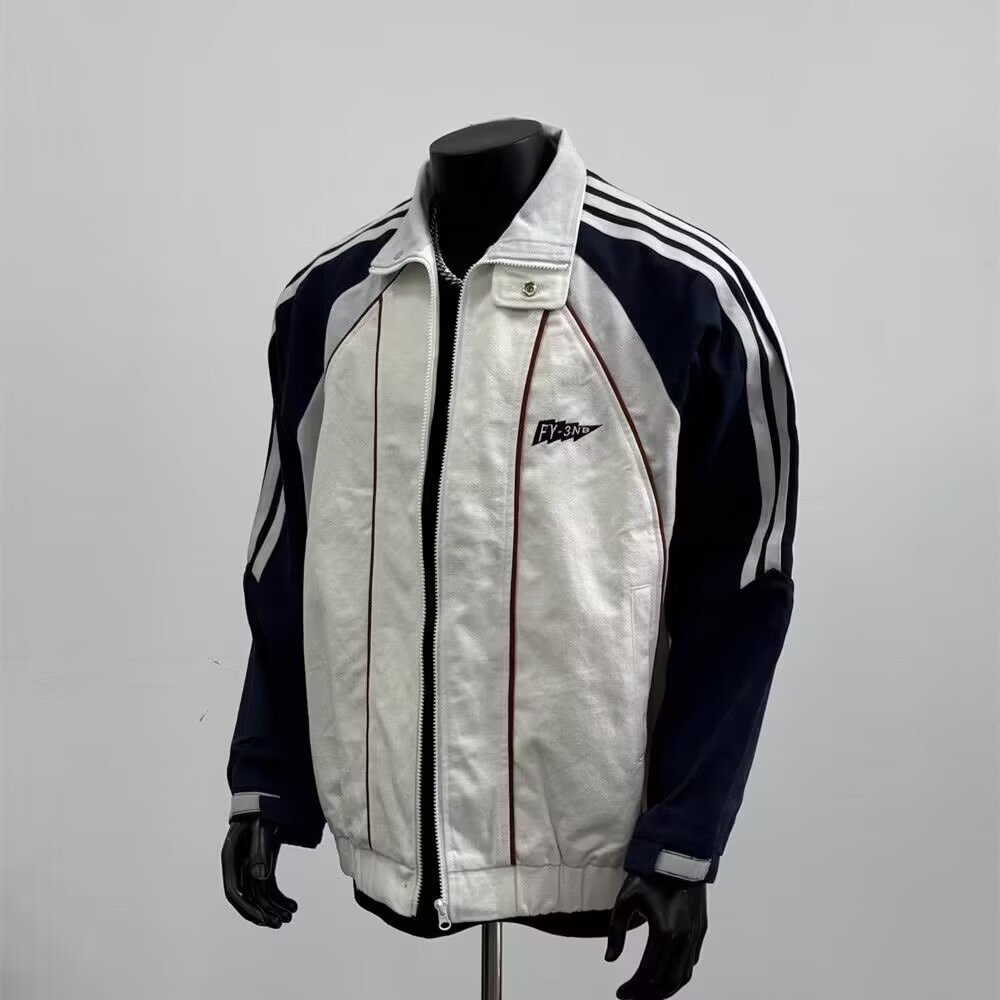 山系潮牌条纹拼接男款休闲外套秋季高街撞色情侣上衣宽松翻领夹克