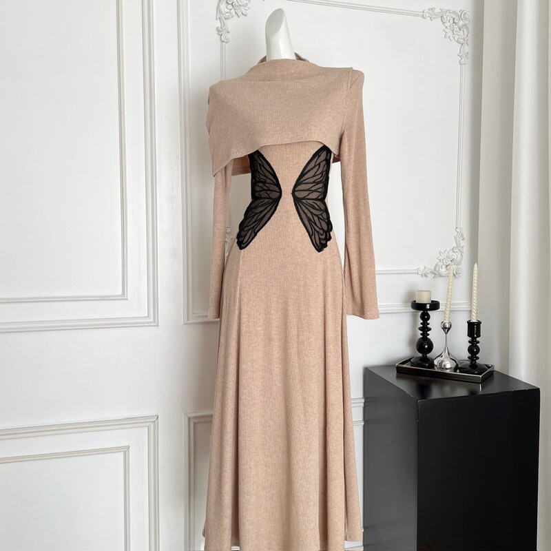 Cross-Border New Chinese Style Improved Embroidery Waist Dress Women's Temperament Half Turtleneck Temperament Slimming Extra Long Bottoming
