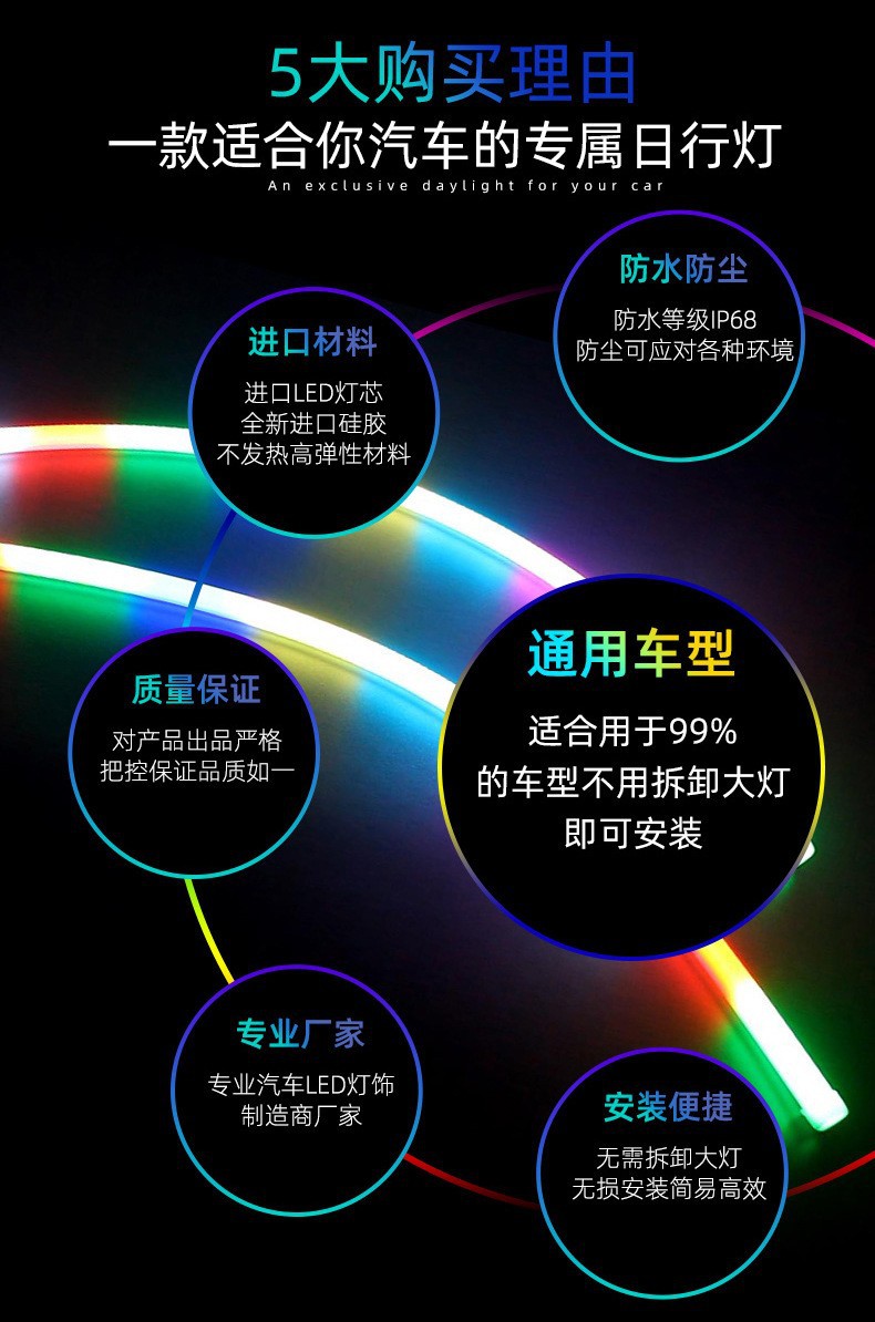 Car LED light bar ultra-thin daytime running light APP mobile phone control magic color light guide two-color running water with steering driving light