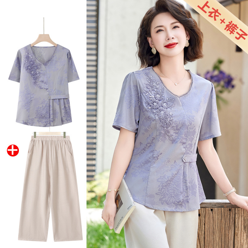 2026 Women's Clothing for Middle-Aged and Elderly Women, Summer Fashion, Loose-Fitting Middle-Aged Mom Outfit Set, Stylish Short-Sleeve Two-Piece Set 2026 Women's Clothing for Middle-Aged and Elderly Women, Summer Fashion, Loose-Fitting Middle-Aged Mom Outfit Set, Stylish Short-Sleeve Two-Piece Set