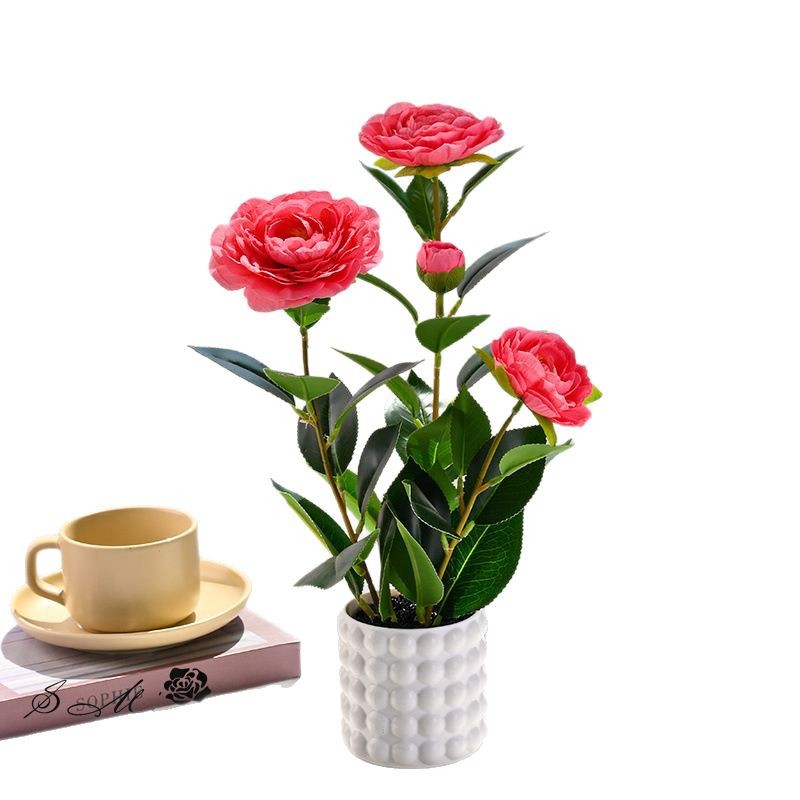 Plantas en maceta de camelia de cuatro cabezas transfronterizas, flores de simulación creativa, decoración de estudio fotográfico para el hogar, plantas verdes artificiales, simulación, macetas, falso image 6