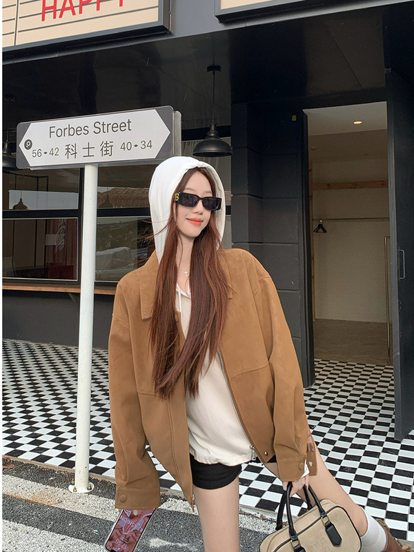 美拉德复古仿麂皮绒长袖外套女2025秋季新款宽松翻领休闲机车夹克|undefined