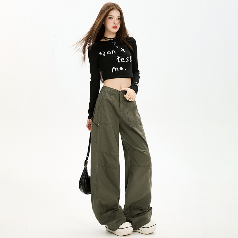 秋季新款工装裤女高腰显瘦宽松百搭多口袋设计辣妹直筒阔腿休闲裤|undefined