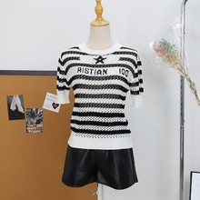夏季薄款小众宽松显瘦T恤衫设计感镂空撞色条纹短袖针织衫上衣女