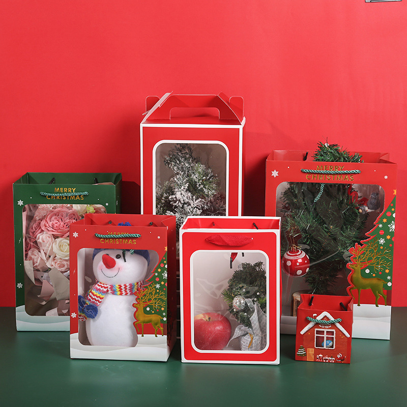 新款圣诞开窗礼品袋鲜花礼物手提袋玩偶包装袋纸袋创意包装盒