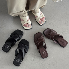 韩版舒适小坡跟蝴蝶结头层羊皮外穿拖鞋2025夏中跟圆头真皮凉鞋女