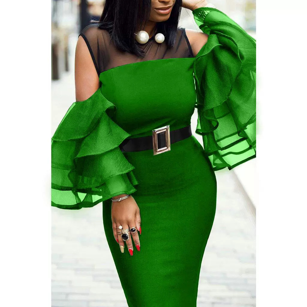 Robe à manches en feuille de lotus pour femme_voghion.com