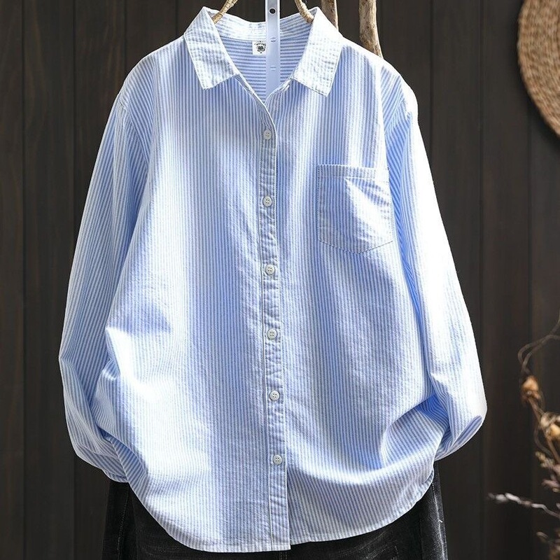 Cotton striped long-sleeved shirt, new spring/autumn style, loose and casual, suitable for petite figures, can be worn as a base layer or layered over other shirts, perfect for couples