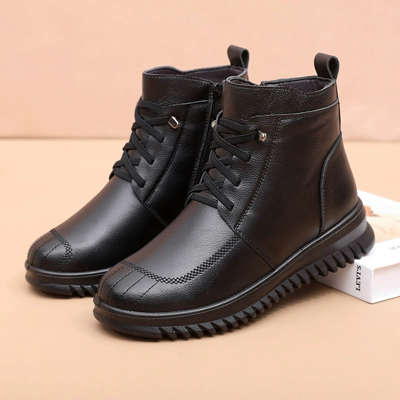 Осенние новые кожаные хлопковые туфли для мам с мягким дном, Нескользящие, толстые, удобные женские хлопковые туфли среднего возраста, прямая оптовая продажа с фабрики