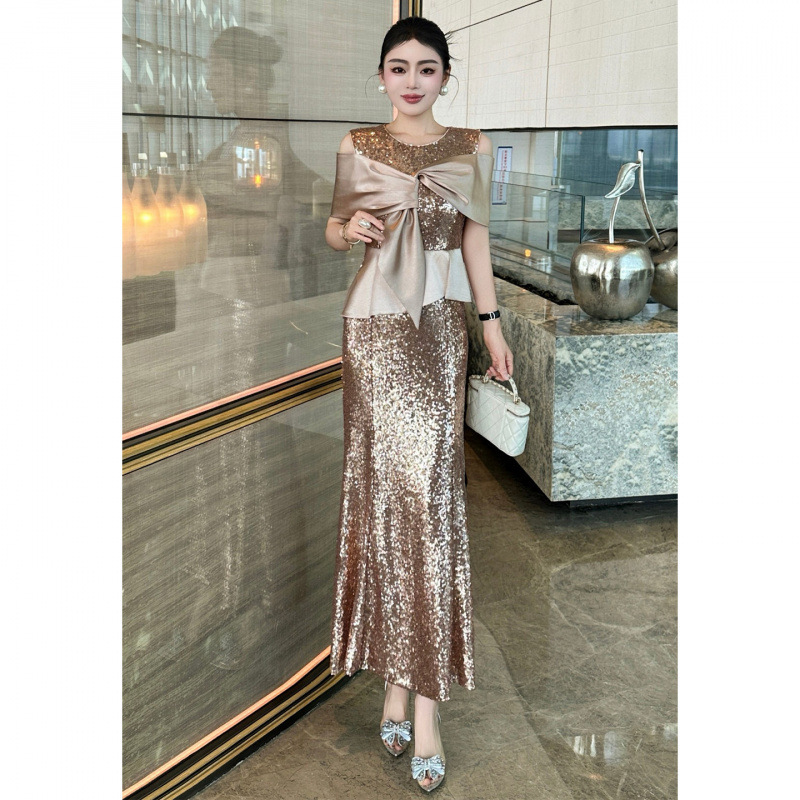 Wedding Banquet Off-The-Shoulder Sleeve Dress, Summer Long French-Style Sequin Gown for the Bride, Mother of the Bride Wedding Mermaid Dress Wedding Banquet Off-The-Shoulder Sleeve Dress, Summer Long French-Style Sequin Gown for the Bride, Mother of the Bride Wedding Mermaid Dress