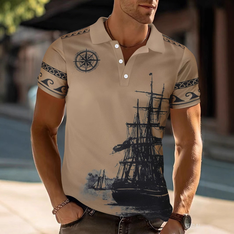 Amazon 2025 New Cross-Border Men's Casual Sports Polo Shirt V Neck Button Sailboat Print Versatile T-Shirt