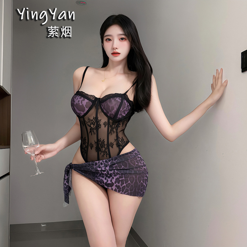 Alluring Lingerie with Leopard Print, Plus-Size Bodysuit, Sexy Sheer Mesh Camisole Nightgown