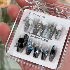 黑與白 | 手工穿戴甲實拍輕奢黑白雙色山茶花美甲可卸穿戴甲