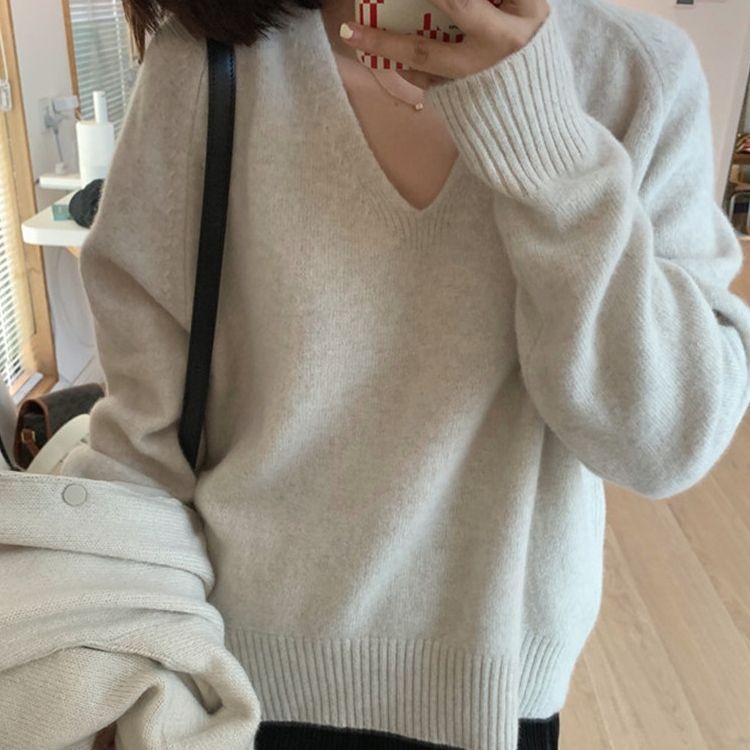山力达迪V领套头慵懒风毛衣女秋冬软糯针织打底衫韩版洋气时尚显|undefined