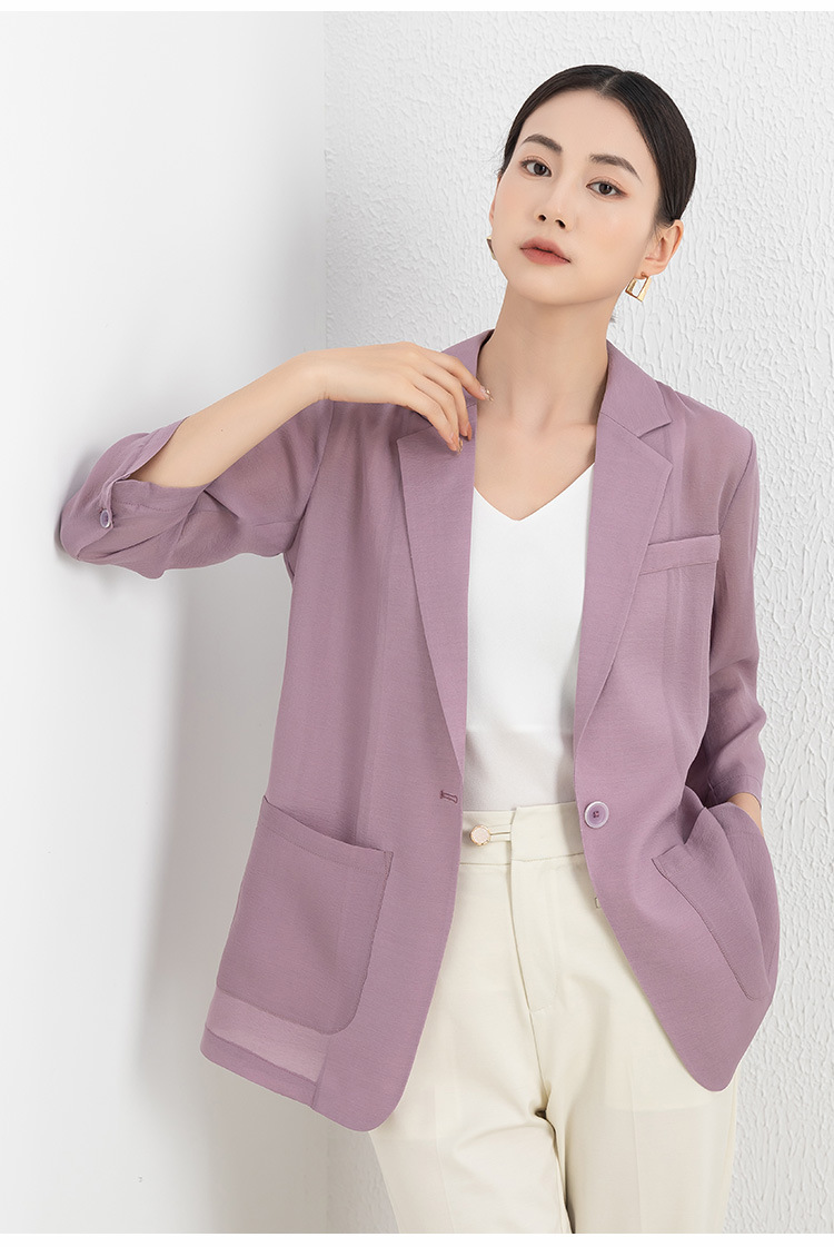 Áo blazer nữ tay lửng vải Tencel tím nhạt mỏng nhẹ — Màu tím chi tiết 8