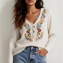 欧美森系复古手工花朵刺绣针织毛衣半细带宽松小清新百搭秋冬上衣