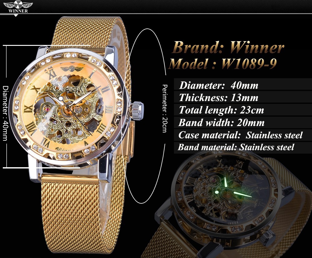 Men's Skeleton Mechanical Watch With Rhinestone Mesh Strap_voghion.com