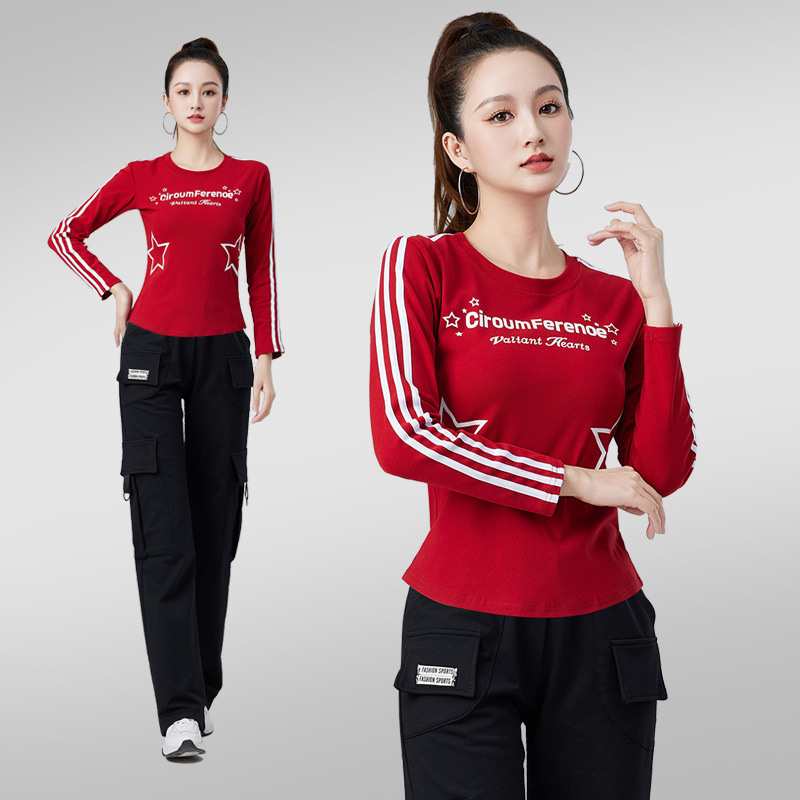 Spring and Summer square dance clothing new long-sleeved women's group aerobics performance dance clothes stage sports suit 2401