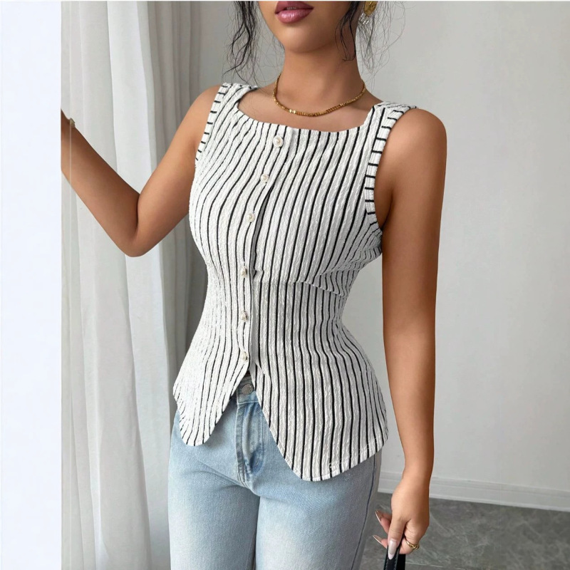 2026 European and American Style Breathable Striped Sleeveless Vest for Women, Slim Fit, Square Neck, Slit Top, Trendy