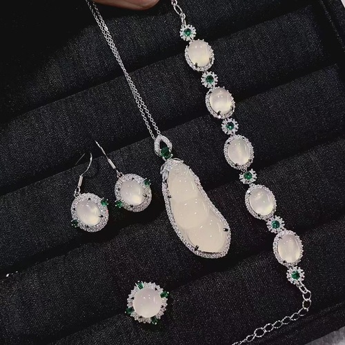 Natural white ice chalcedony set decoration 925 silver plated high ice white chalcedony pendant earrings ring jewelry