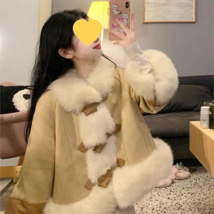狐狸毛环保皮草女2025冬新款麂皮绒拼接短款小个子毛毛外套高级感