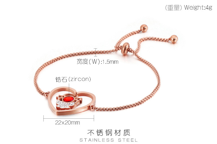 4g Weight PVD Coated Gold Plating Process Trend Diamond-studded Titanium Steel Bracelet Exquisite Heart-shaped