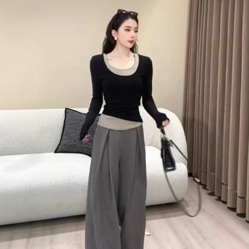 德绒撞色假两件长袖打底衫女早秋季修身显瘦洋气小众上衣外穿潮|undefined