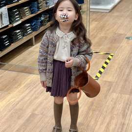 韩版童装2023秋季新款女童复古针织毛衣开衫刺绣衬衫百褶裙三件套