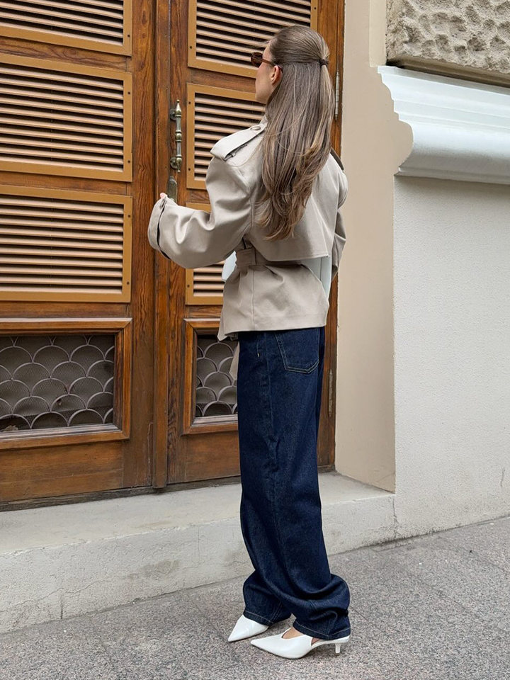 Áo khoác trench coat nữ dáng dài cổ ve, thắt eo phối đai, tay dài — Kaki chi tiết 24