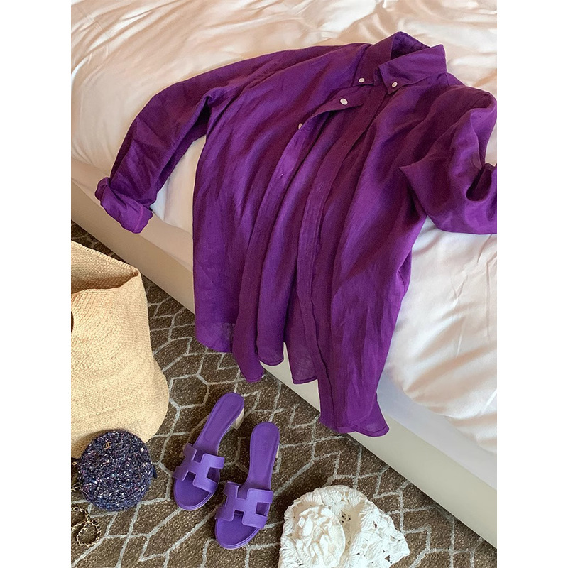 Purple Cotton and Linen Shirt for Women, Relaxed Feel, 2025 New Niche Style, Light Luxury, High-End Casual, Unique Long-Sleeve Top