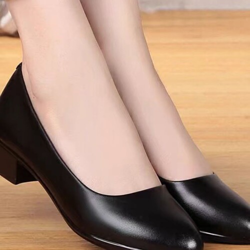 Female Flight Attendant Work Shoes Black Interview Uniform Professional Shoes Soft Sole Leather Shoes Thick Heel Single Shoes Women's Spring Autumn Four Seasons Shoes