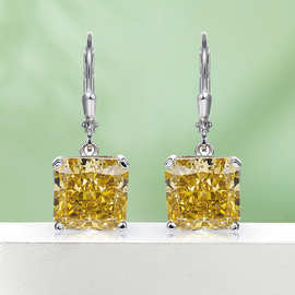 10*10正方高碳钻耳环冰花切黄色S925纯银镀白金厂家直销欧美夸张