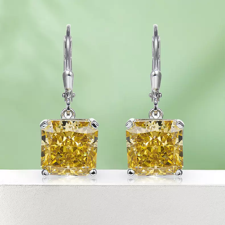 10*10正方高碳钻耳环冰花切黄色S925纯银镀白金厂家直销欧美夸张