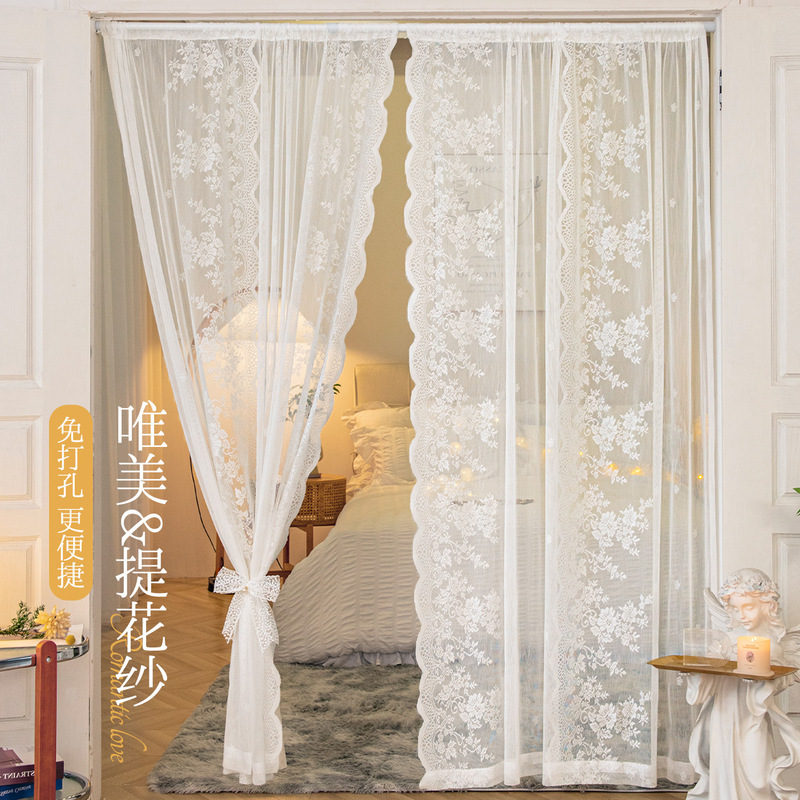 French-Style Lace Door Curtain, No-Drill Partition Curtain for Bedroom, Bathroom, Kitchen, and Shower, Suitable for All Seasons